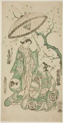 Die Schauspieler Sanogawa Ichimatsu I als Soga no Goro und Ikushima Daikichi II als Kewaizaka no Shosho im Stück "Monzukushi Nagoya Soga," aufgeführt im Ichimura Theater im ersten Monat, 1748