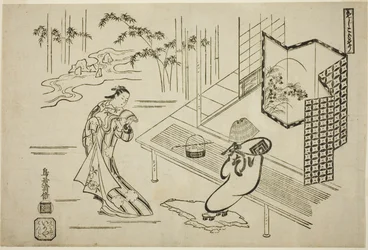 Die Schauspieler Nakamura Takesaburo I als Kewaizaka no Shosho und Ichikawa Danjuro II als Soga no Goro verkleidet als Komuso im Stück "Bando Ichi Kotobuki Soga," aufgeführt im Nakamura Theater im ersten Monat, 1715