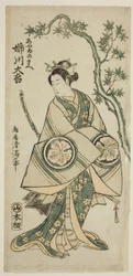 Der Schauspieler Anegawa Daikichi als Ayame no Mae im Stück "Miyo no Hana Yunzei Kagami," aufgeführt im Morita Theater im elften Monat, 1760