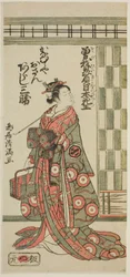 Der Schauspieler Arashi Sankatsu als Kanamuraya Osan im Stück "Soga Hiiki Nihon Sakura," aufgeführt im Nakamura Theater im dritten Monat, 1762