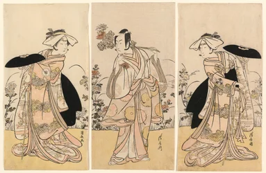 Bando Mitsugoro II als Tennen no Mansaku-kitsune und Ichikawa Monnosuke III als Nikaido Shinanonosuke und Iwai Hanshiro IV als Okura no Kojoro-kitsune in der Szene aus dem Drama Moto Mishi Yuki Sakae Hachi-no-ki