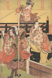 Auf einem Balkon sitzt eine Frau und spielt Tsuzumi, darunter ein Mann im Daimyo-Kostüm, ca. 1790