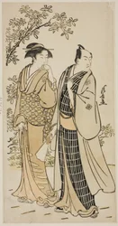 Der Schauspieler Ichikawa Monnosuke II und seine Frau, aus einer unbetitelten Serie von Drucken, die Schauspieler im Privatleben zeigen