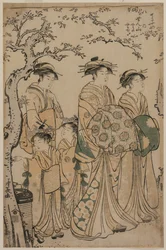 Die Kurtisane Senzan von Chojiya spaziert mit ihrer Kamuro Yasono und Yasoji und zwei Shinzo
