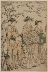 Die Kurtisane Senzan von Chojiya spaziert mit ihrer Kamuro Yasono und Yasoji und zwei Shinzo, 1786