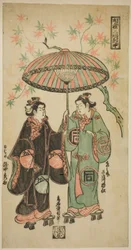 Der Schauspieler Sanogawa Ichimatsu I als Kumenosuke und Takinaka Hidematsu I als Oume, aus "Ein Regenschirm teilen: Ein Triptychon (Aigasa sanpukutsui)"