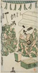 Die Schauspieler Fujikawa Heikuro als Masamune und Matsushima Kichisaburo als Rai Kunitsugu im Stück "Shin Usuyuki Monogatari", aufgeführt im Nakamura-Theater im sechsten Monat, 1746