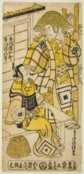 Die Schauspieler Ichikawa Danjuro II als Onio Shinzaemon und Ichikawa Masugoro als Soga no Goro im Stück "Furiwake-gami Hatsugai Soga," aufgeführt im Ichimura Theater im ersten Monat, 1735