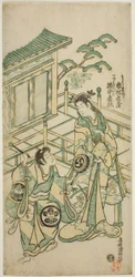 Die Schauspieler Ichimura Kamezo I als Urashima Taro und Takinaka Hidematsu I als Kanemoto Gozen im Stück "Ichi no Tomi Seiwa Nendaiki," aufgeführt im Ichimura Theater im fünften Monat, 1746