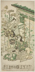 Die Schauspieler Ichimura Uzaemon VIII als Oguri Hangan und Segawa Kikunojo I als Terute no Mae im Stück "Mangetsu Oguri Yakata," aufgeführt im Ichimura-Theater im achten Monat, 1747