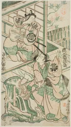 Die Schauspieler Sanogawa Ichimatsu I als Ike no Shoji und Segawa Kikujiro I als Hitachi Kohagi im Stück "Mangetsu Oguri Yakata," aufgeführt im Ichimura Theater im achten Monat, 1747