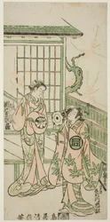 Die Schauspieler Sanogawa Ichimatsu I als Minamoto no Yorimasa und Segawa Kikujiro I als Nobutsuras Frau Karumo im Stück "Shusse Momijigari," aufgeführt im Ichimura Theater im elften Monat, 1747