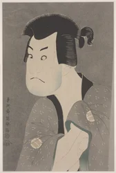 Der Schauspieler Sakata Hangoro II als Fujikawa Mizuemon im Stück Hanaayama bunroku soga, Miyaki Theater