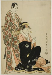Die Schauspieler Segawa Kikunojo III (R) als Kurtisane Katsuragi und Sawamura Sojuro III (L) als Nagoya Sanza Motoharu