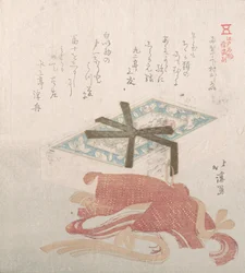 Schachtel mit Gesichtspuder und Haargummis, Spezialitäten von Shimomura in Ryogaecho, 19. Jahrhundert