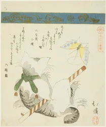 Katze spielt mit einem Spielzeug-Schmetterling, aus der Serie "Sechsunddreißig Bilder von Vögeln (Sanjuroku kinzoku)"
