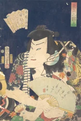 Ichimura Kakitsu IV als Ushiwaka no Genji im Kabuki-Stück Eine Parodie des Rom..., 4. Monat, 1868