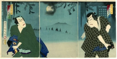 Onoe Kikugorō V als Daiba no Jinzō und Ichikawa Sadanji I als Itamiya Jubei