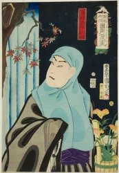 Der Schauspieler Sawamura Tossho II als Karukaya Doshin, Nr. 5 aus der Serie "Blumen von Tokio: Karikaturen von Kunichika (Azuma no hana Kunichika manga)"