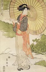 Stehende Frau mit einem Sonnenschirm