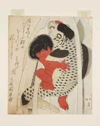 Kintoki kämpft mit einem Karpfen