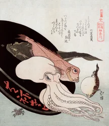 Oktopus und Meeresfische von Totoya Hokkei
