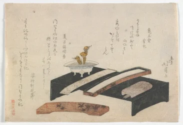 Surimono, das einen Schreibtisch darstellt, Edo-Periode, ca. 1800-10