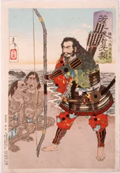 Chinzei Hachirō Tametomo mit zwei Inselbewohnern am Strand von Ashijima