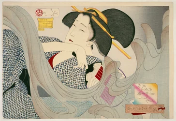 Rauchig aussehend. Eine Hausfrau der Kyowa-Ära, Kemuso Kyowa nenkan naishitsu no fuzoku, 1880