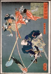 Miyamoto Musashi schlägt mit dem Schwert nach einem Tengu