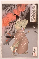 Nitta Shirō Tadatsune betritt mit einer Fackel eine Höhle