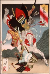 Sagami Jirō und Taira no Masakado greifen einen Gegner zu Pferd an