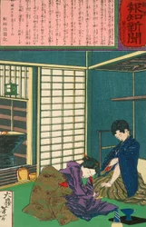 Die Geisha Umekichi fleht Nakajima Seibi an, sie zu verlassen und zu seinen Studien zurückzukehren