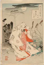 Yokobue wartet im Mondschein am Hōrinji auf Takiguchi Tokiyori