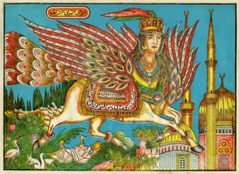 Al-Bourak (Al Bourak) (Buraq, Bouraq, Burak), geflügeltes Pferd mit Frauenkopf und Pfauenschwanz, auf dem Mohammed, vom Erzengel Gabriel geführt, nachts von Mekka nach Al-Aksa reiste. Populäre Bildkunst, Tunesien