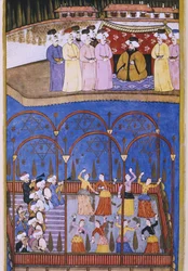 Tänzer und Musiker vor dem Sultan und seinem Hof, aus Sur-Nama