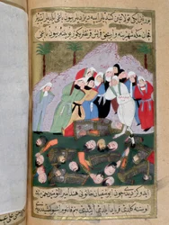 Hind, die Frau von Abu Sufyan ibn Harb, einem Feind Mohammeds, und andere quraischitische Frauen bereiten sich darauf vor, die Leichen der in der Schlacht von Uhud (Ohod) gefallenen Muslime zu verstümmeln und die Leber von Hanza, dem Onkel des Propheten