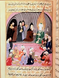 Der Prophet Muhammad (570-632) (bedecktes Gesicht) auf einer Reise nach Syrien wird von christlichen Mönchen empfangen, die ihm eine Mahlzeit servieren. Türkische Miniatur des 18. Jahrhunderts