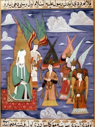 Der Prophet Muhammad (Mohammed oder Muhammad) (570-632) während seiner nächtlichen Reise, persische Miniatur aus dem 18. Jahrhundert. Topkapi-Museum Istanbul, Türkei