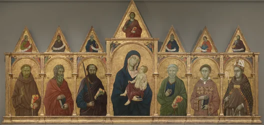 Jungfrau und Kind mit den Heiligen Franziskus, Andreas, Paulus, Petrus, Stephanus und Ludwig von Toulouse, ca. 1317-21