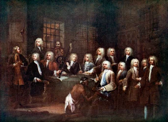 Ein Ausschuss des Unterhauses im Fleet Street Gefängnis, London, 1729
