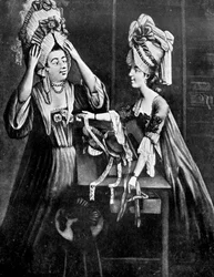 Ein Hutmacherladen, Mrs. Monopolize, die Frau des Metzgers, kauft eine moderne Kopfbedeckung, 1772