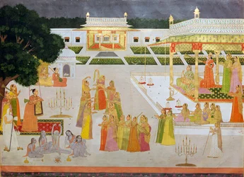 Eine Mogul-Malerei einer Prinzessin und ihrer Damen, die Diwali feiern