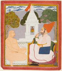 Ein Rathor-Edelmann besucht einen Digambara-Heiligen an einem Vishnu-Schrein, wahrscheinlich Baba Atmaram, ca. 1760