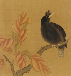 Eine Amsel auf einem Ast, Herbstblätter, Qing-Dynastie, 18. Jahrhundert
