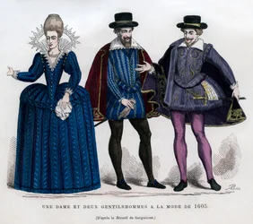 Eine Dame und zwei Herren in französischer Tracht von 1605