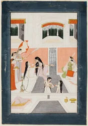 Eine Dame bei ihrer Toilette hört Musik neben einem Palastwasserfall, um 1780