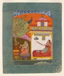 Eine Dame pflückt Blätter, Darstellung des musikalischen Modus Gunakali Ragini, um 1675