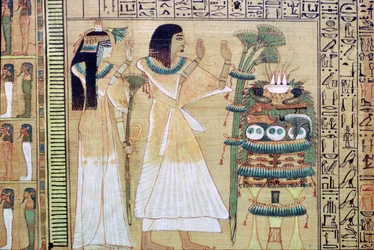 Ein Mann und seine Frau machen Opfergaben an Osiris, aus dem ägyptischen Totenbuch