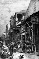 Ein Marktplatz in San Francisco, Kalifornien, USA, Mitte des 19. Jahrhunderts, ca. 1880